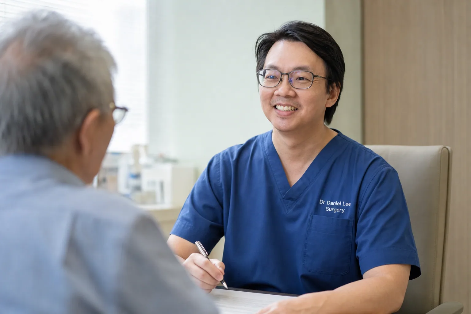 Dr Daniel Lee in surgical scrubs during a geriatric consultation